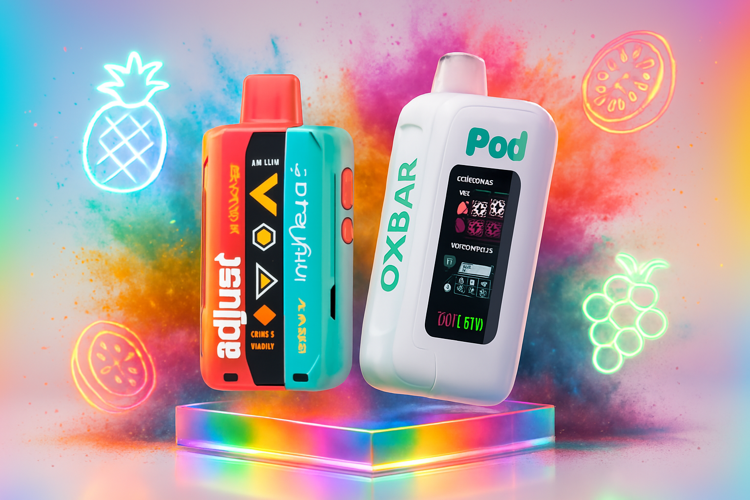The image presents two vibrant vape devices resting on a glowing, multicolored platform surrounded by neon fruit illustrations—pineapple, grapes, and citrus slices—creating a lively, tropical ambiance. The left device, in orange and teal hues, features the words “adjust” and “AM LIM” alongside geometric symbols, hinting at personalization and style. The right white device, labeled “OXBAR Pod,” displays a playful screen filled with abstract codes and icons, adding a tech-forward, mysterious edge. The overall composition bursts with energetic color and futuristic flair, merging digital aesthetics with juicy, sensory appeal.