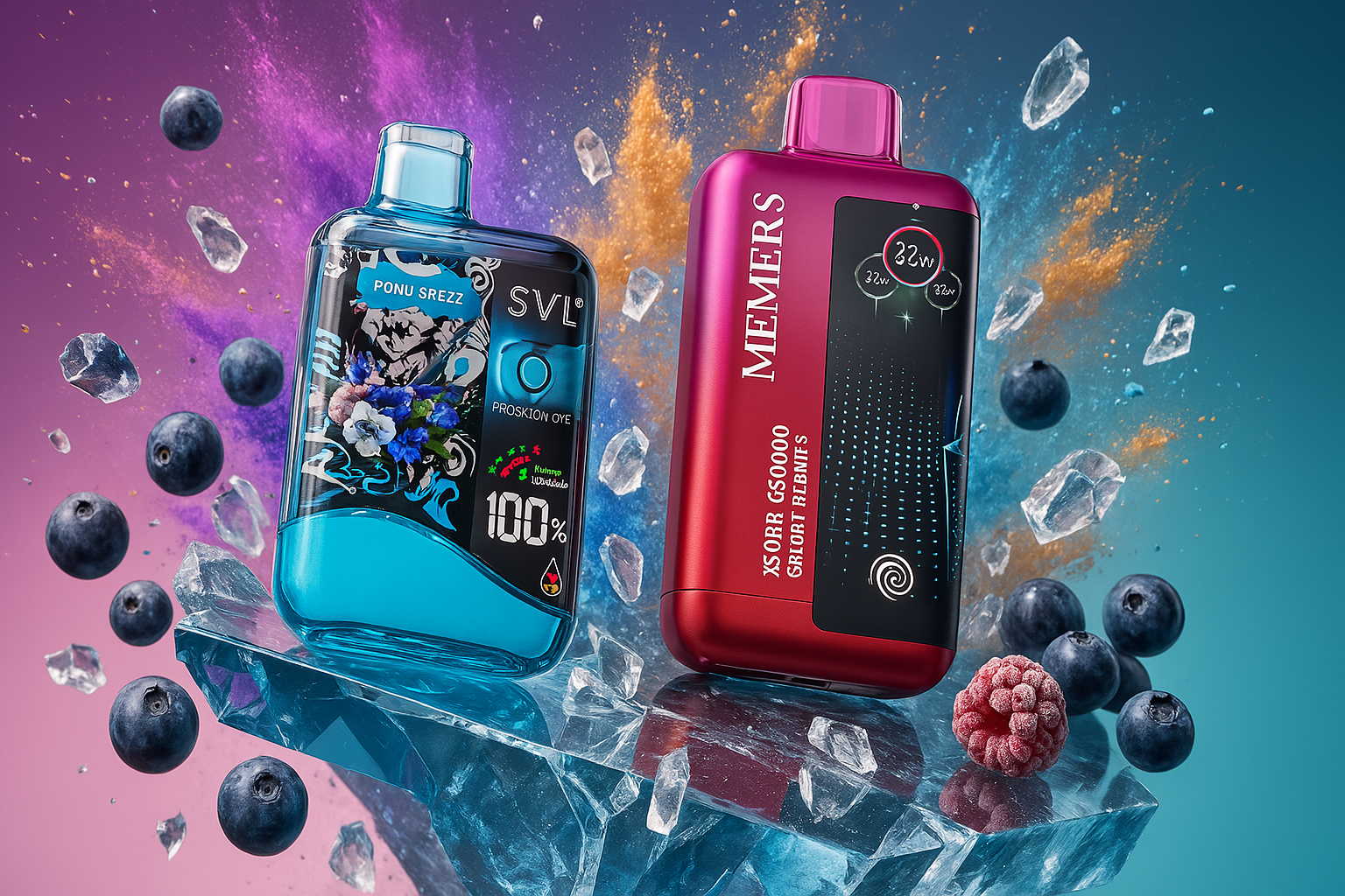 Two bold vape devices rest atop a crystalline ice surface, radiating cool sophistication. The left one shimmers in vibrant blue with delicate floral patterns and whimsical text elements, evoking a sense of freshness and artistry. Beside it, the red device pulses with energy, stamped repeatedly with futuristic labels like “MEMERS” and “XSORR G50000,” adding a playful sci-fi flair. The background—a dreamy gradient of purple and blue—is alive with bursts of color, floating blueberries, and icy fragments, creating a dynamic, sensory-rich atmosphere that feels both luxurious and surreal.