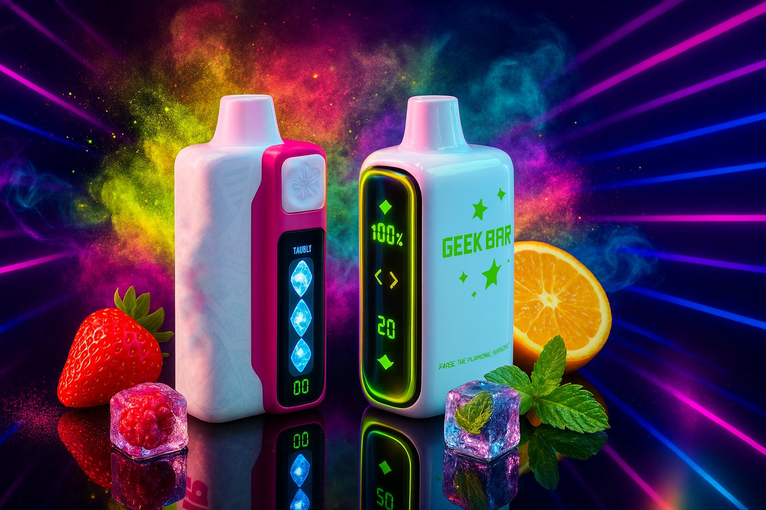 The image features two modern electronic vaping devices set against a vivid, neon-lit backdrop filled with colorful smoke effects. The left device, with a white body and pink border, displays the name