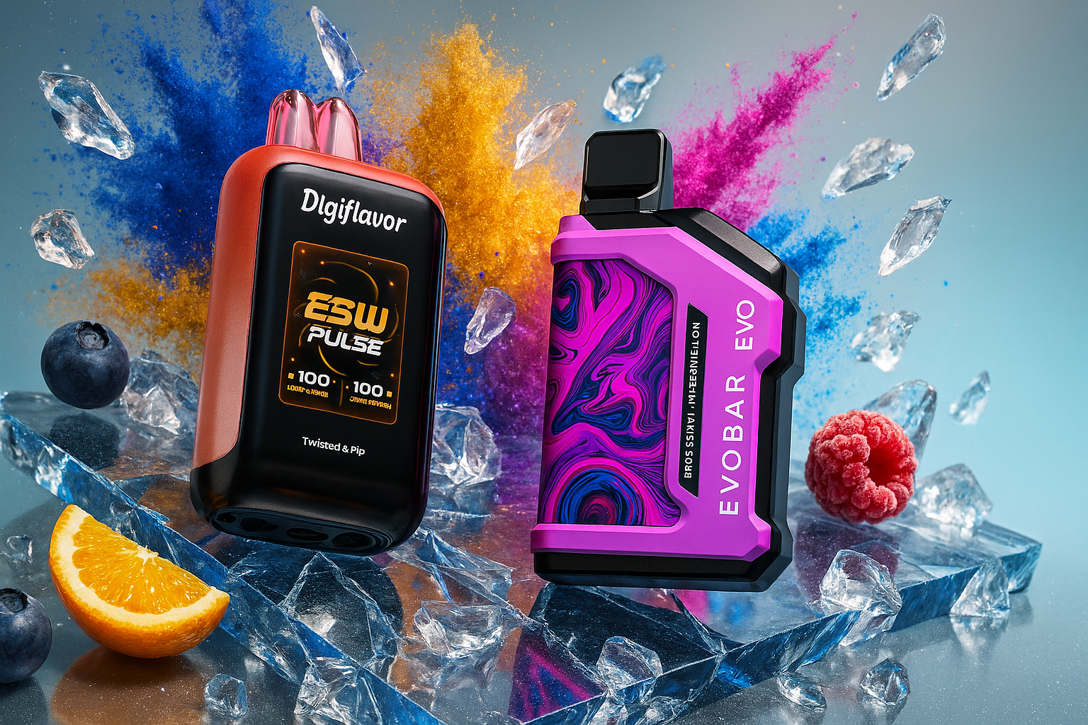 The image features two sleek vaping devices surrounded by ice cubes, fresh fruit, and vivid powder bursts. One device, labeled