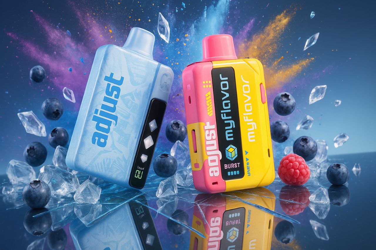 Two boldly designed vape devices are set against a splash-filled backdrop, surrounded by frozen blueberries, ice cubes, and a vivid raspberry—evoking a cool, fruity burst of flavor. The blue device features the word “adjust,” while the playful yellow-and-pink companion bears the labels “myflavor” and “adjust,” along with a logo reading “BURST.” The composition pops with vibrant energy thanks to the kaleidoscopic color splashes in the background, creating a sense of lively movement and bold sensory appeal.