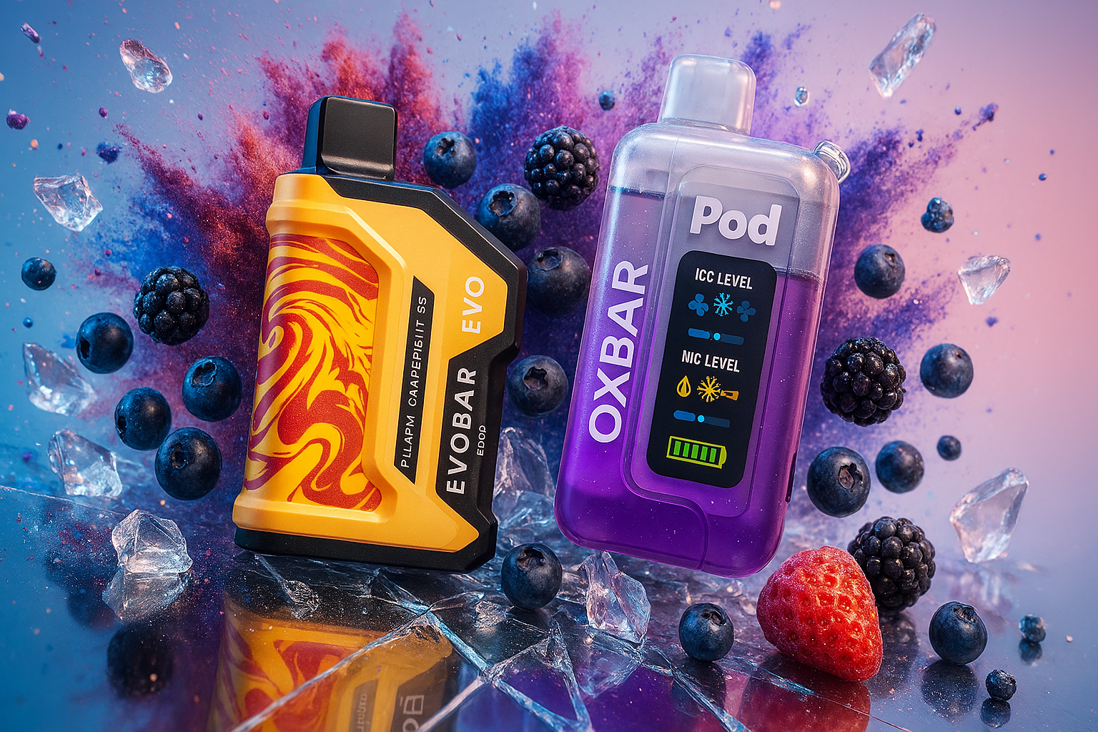 The image features two visually striking vaping devices nestled among ice cubes and a vibrant assortment of fruits, including blueberries, blackberries, and a strawberry. On the left, the “EVOBAR EVO” device stands out with its bold yellow and red design and a stylized lion graphic. To the right, the “OXBAR Pod” device showcases a sleek purple and transparent casing with digital indicators for “ICC LEVEL,” “NIC LEVEL,” cooling, nicotine strength, and battery life. The colorful, energetic background enhances the image’s dynamic and refreshing atmosphere.