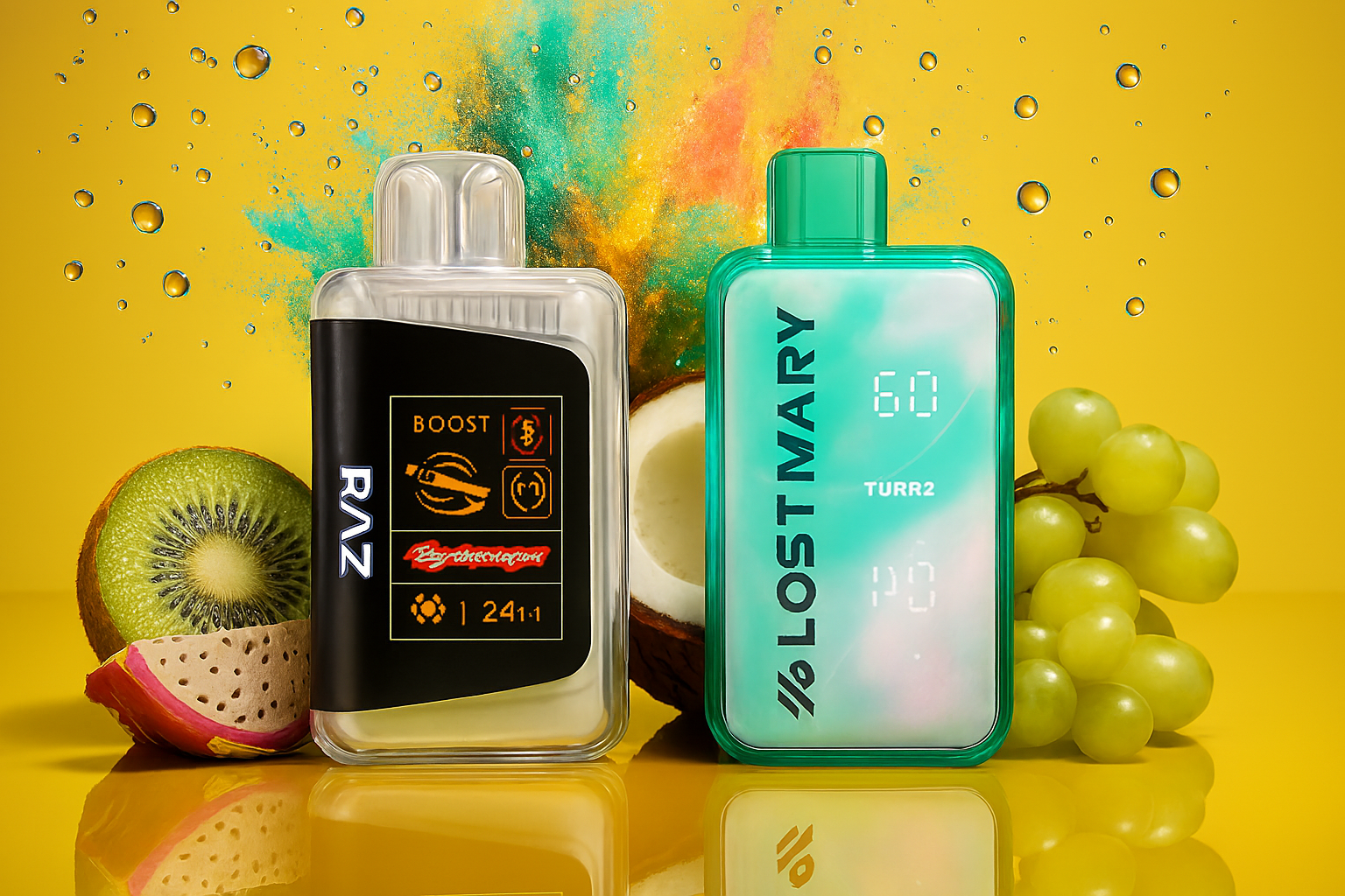 Two sleek vape devices are showcased against a vibrant explosion of fruits and color: the black-and-silver “RAZ BOOST” with bold “Supercharged” branding, and the turquoise-gradient “LOST MARY TURR2” displaying digital readouts. Surrounding them are fresh kiwi slices, coconut halves, grapes, and dragon fruit, all enveloped in a burst of orange, teal, and yellow powder. Suspended water droplets amplify the sense of icy freshness and dynamic energy, creating a visually striking composition that evokes bold flavor and luxurious intensity.