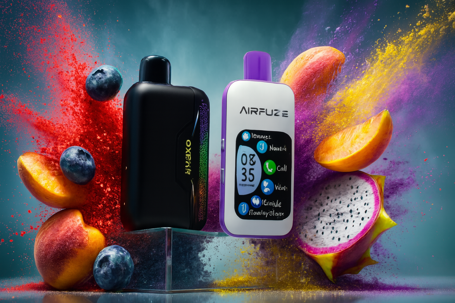 The image presents two modern vape devices set against a vivid, high-energy backdrop of red, yellow, and purple powder bursts, surrounded by an assortment of fresh fruits including blueberries, peaches, mango slices, and a halved dragon fruit. The left device, branded