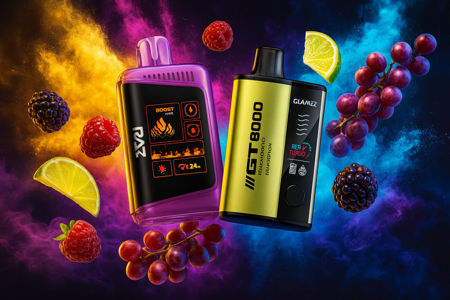 The image showcases two bold vape devices surrounded by a vivid swirl of smoke and fruit elements. On the left, the purple
