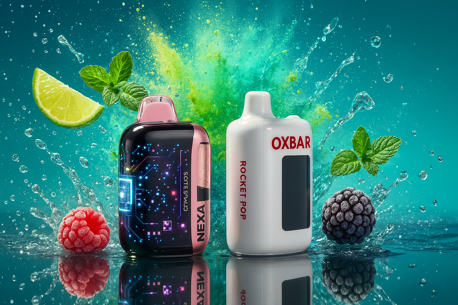 The image presents two vaping devices side by side against a vivid, energetic backdrop. The left device, branded