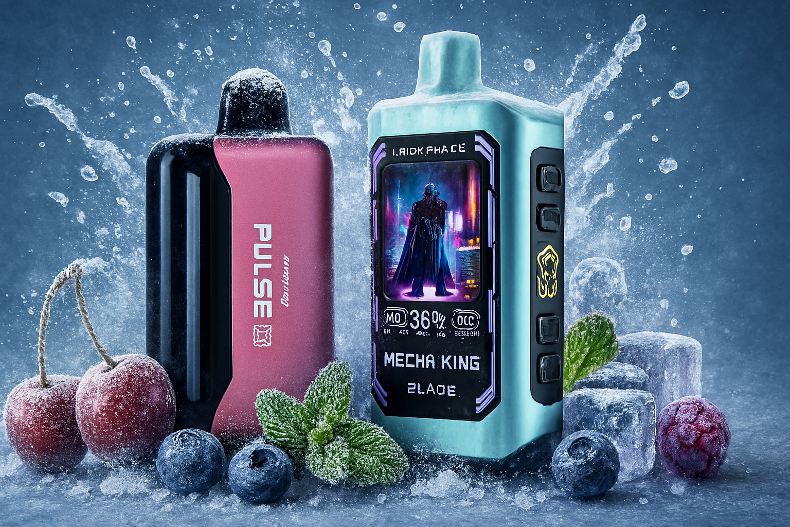 The image showcases two futuristic vaping devices surrounded by frozen fruits and ice cubes, set against a backdrop of dynamic water splashes. The left device is red and black, labeled