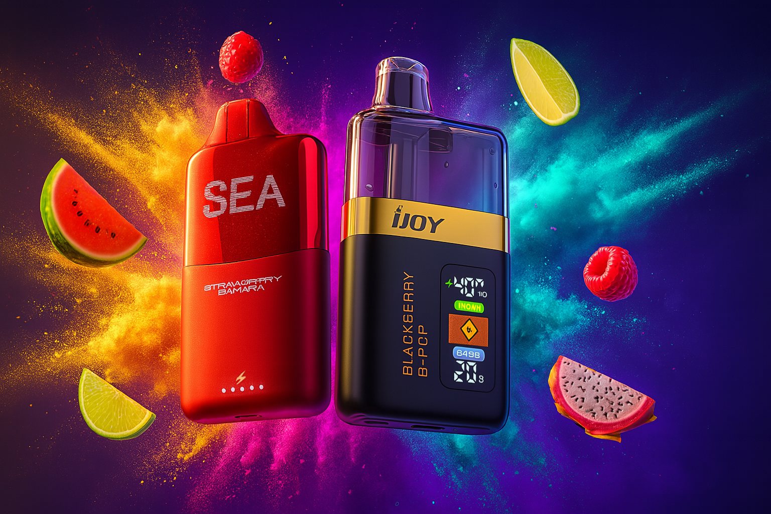 The image showcases two vibrant vape devices set against a dynamic, colorful backdrop bursting with fruit slices and powder splashes. On the left, a red