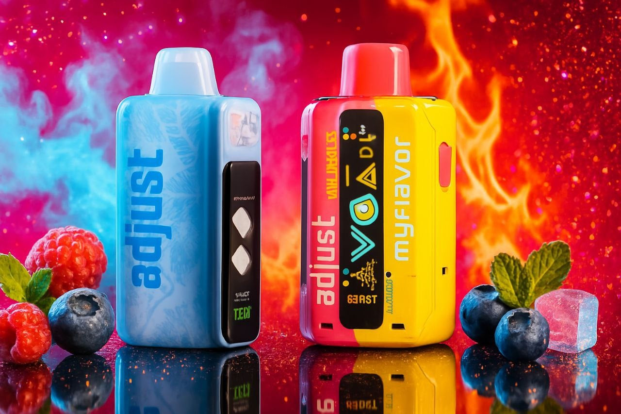 The image features two vibrantly designed vaping devices placed against a dramatic background split between fiery orange and icy blue tones. On the left is a sleek blue device with diamond-shaped buttons and the label “TE03,” while the right showcases a yellow-red model adorned with words like “adjust,” “myflavor,” and “VOAD.” Surrounding them are juicy raspberries, blueberries, mint leaves, and crystalline ice cubes—creating a rich sensory atmosphere that hints at freshness, coolness, and flavor intensity. The bold contrast between the devices and the background adds energy and visual intrigue to the composition.
