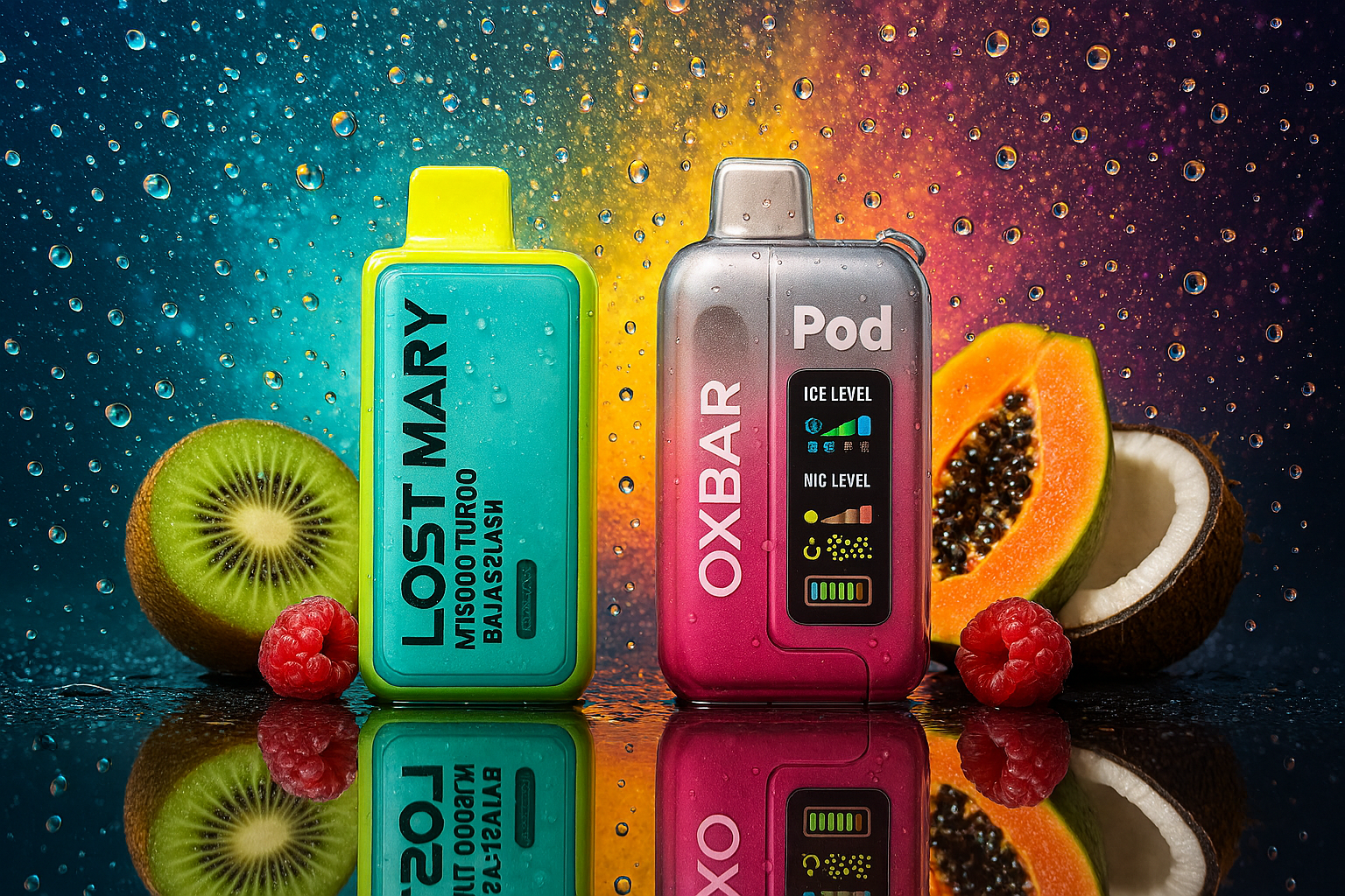 Two vibrant vape devices are showcased against a dazzling, multicolored backdrop speckled with water droplets, creating a lively and refreshing atmosphere. On the left, the “LOST MARY MO5000 TURBO” in the “BLACK LUSH” flavor features a smooth gradient from green to blue, exuding tropical coolness. Beside it, the “OXBAR Pod” stands out with a sleek pink-to-gray finish and a digital display showing levels for ice, sweetness, and nicotine. Surrounding the devices are fresh fruits—kiwi slices, halved papaya, and raspberries—emphasizing the fruity, exotic essence of the flavors and enhancing the image’s sensory appeal.