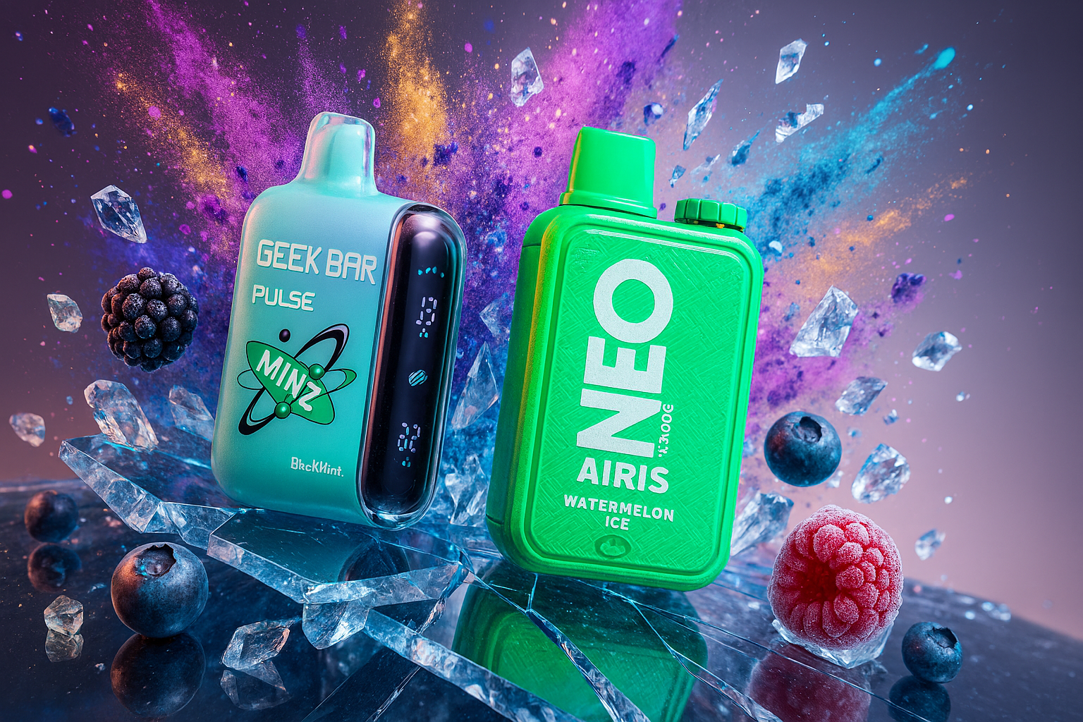 The image features two sleek vape devices set against a vibrant, energetic backdrop of purple, blue, and orange splashes. The left device, labeled