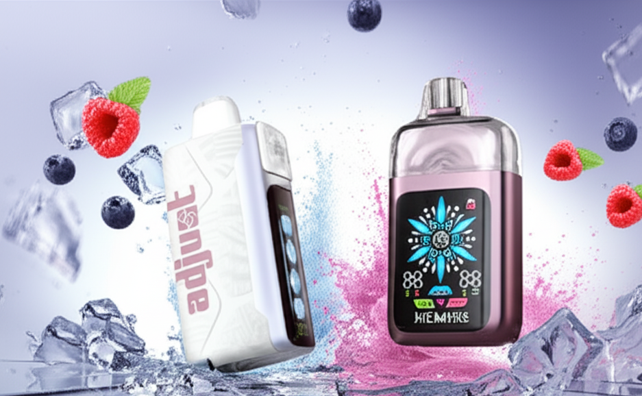 Two sleek vape devices are artfully arranged among glistening ice cubes and juicy berries—raspberries and blueberries—evoking a cool, fruity flavor profile. The left device is a minimalist white with the playful pink inscription “adijule,” while the right one boasts a futuristic vibe with its bold purple body, digital display. Set against a dreamy gradient backdrop of soft blues and purples dusted with pink powder, the image combines crisp elegance with energetic, flavor-forward design.