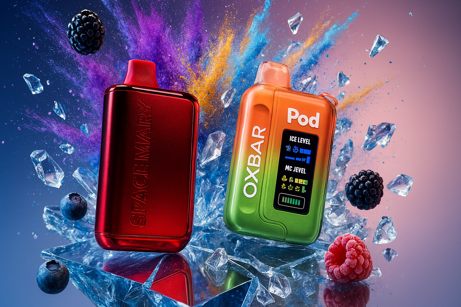 The image showcases two vibrant vaping devices set against a dynamic and colorful backdrop. One device, labeled