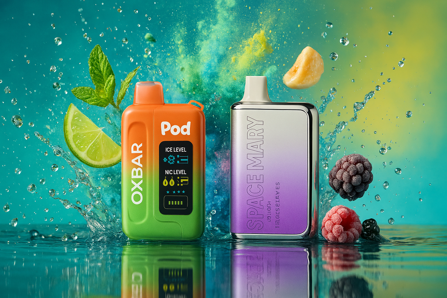 The image presents a luxurious and refreshing visual centered around a sleek vape device, surrounded by a burst of juicy strawberries and icy crystals. The composition radiates cool energy, with droplets and frosty vapor accentuating the sensation of chilled fruitiness. Soft pink and red gradients blend into a glowing background, creating a vibrant yet elegant atmosphere. The overall effect is one of dynamic freshness and indulgent flavor, perfectly capturing the essence of a premium, fruit-infused experience.