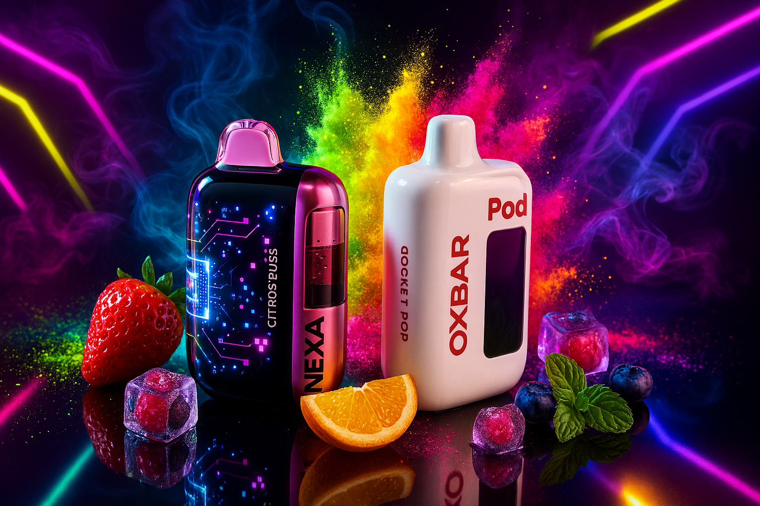 The image features two sleek vaping devices—one branded