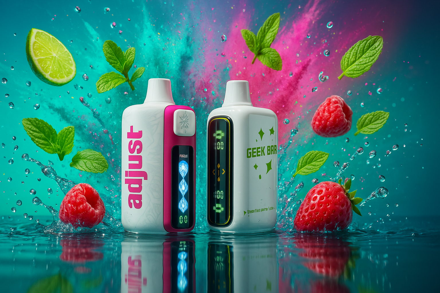 The image captures two vivid vaping devices against a lively and refreshing backdrop filled with fruit and splash effects. On the left, a pink