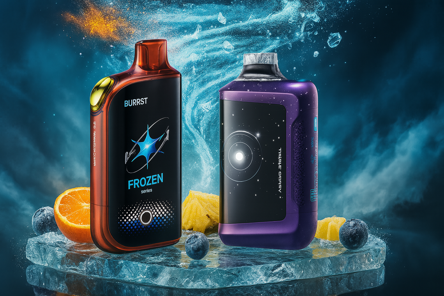 Two vape devices are dramatically staged atop a block of ice, surrounded by vibrant fruit elements—orange slices, pineapple chunks, and blueberries—evoking a burst of frozen freshness. The left device, labeled