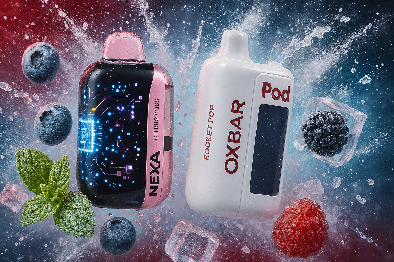 The image features two vape devices surrounded by a burst of icy freshness and vibrant berries. On the left, the