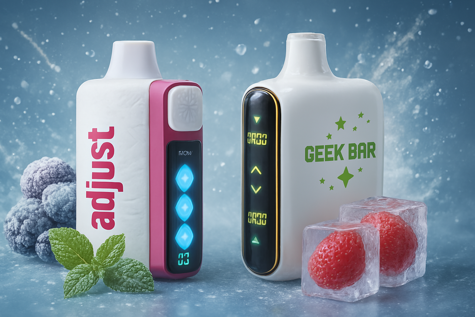 The image showcases a bold and colorful vape-themed arrangement. Two distinct vape devices rest on a bed of shimmering ice cubes, surrounded by ripe fruits—blueberries, a raspberry, a strawberry, and a vibrant lemon slice. On the left, the