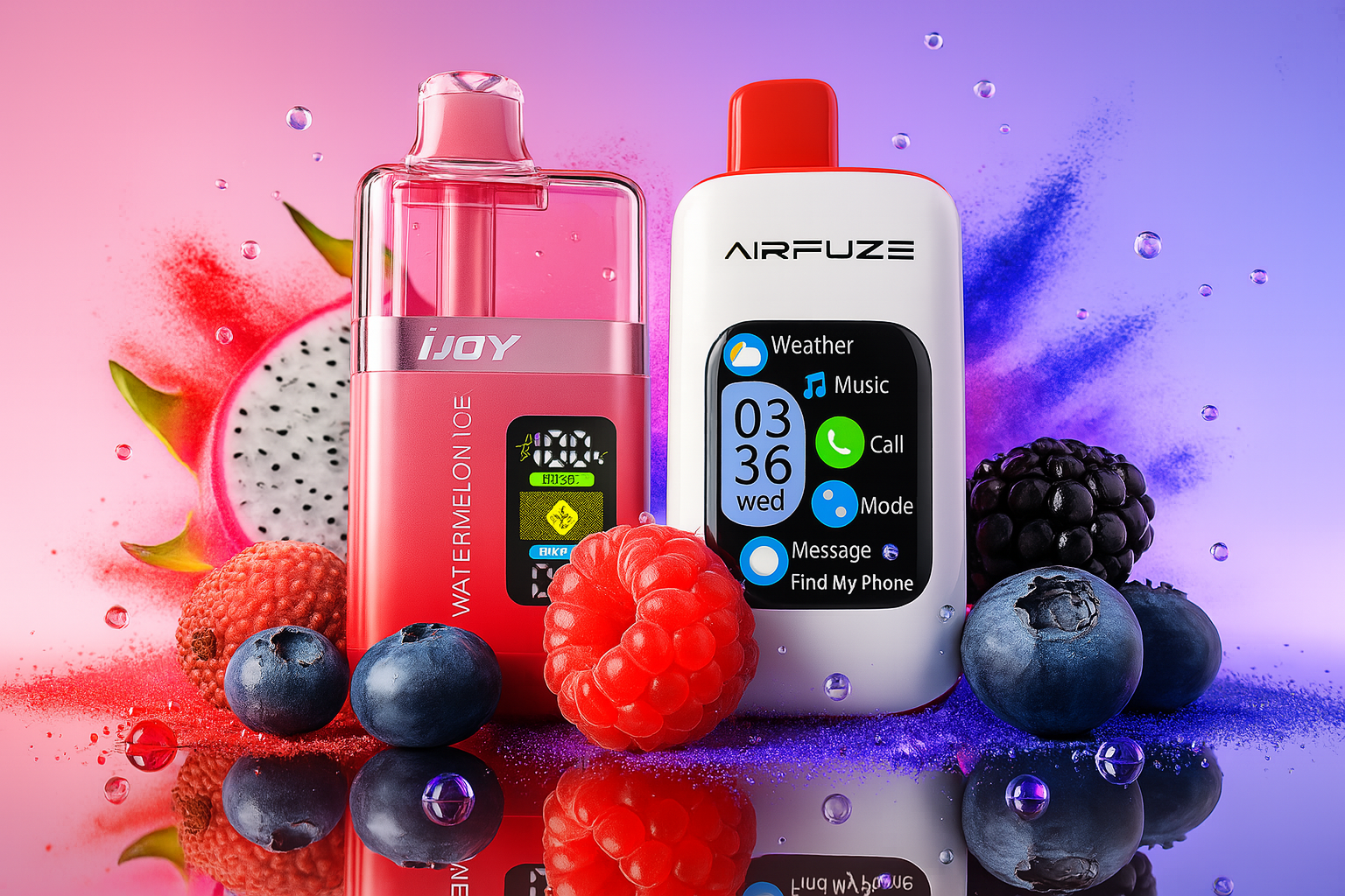 The image showcases two sleek vape devices nestled among a vibrant assortment of fruits, including raspberries, blueberries, blackberries, and a sliced dragon fruit. Set against a dynamic pink-purple gradient background with energetic splashes of color, the composition evokes freshness and flavor intensity. The left device, labeled
