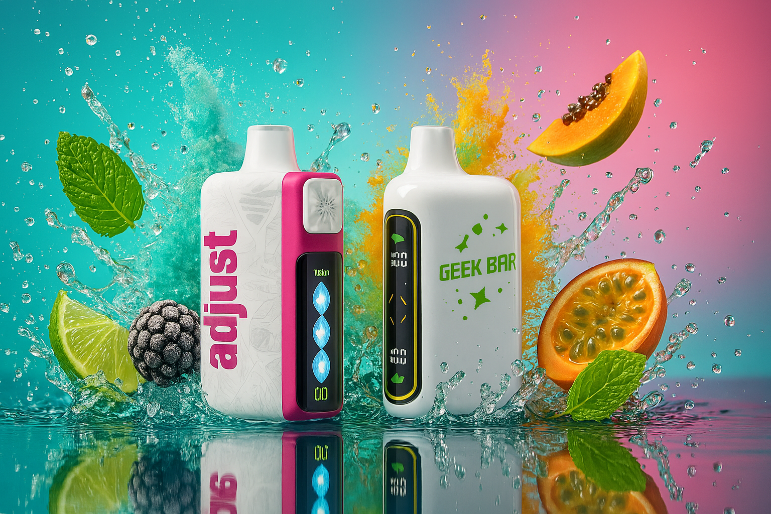 The image presents two sleek vaping devices—one labeled “adjust” with a white and pink body, and the other “GEEK BAR” in white with green star accents—both featuring illuminated digital displays. They’re surrounded by splashing water and an assortment of vibrant fruits including lime, blackberry, papaya, and passion fruit, along with fresh mint leaves. The teal-to-pink gradient background enhances the sense of movement and freshness, visually amplifying the exotic, juicy flavors and energetic vibe of the composition.