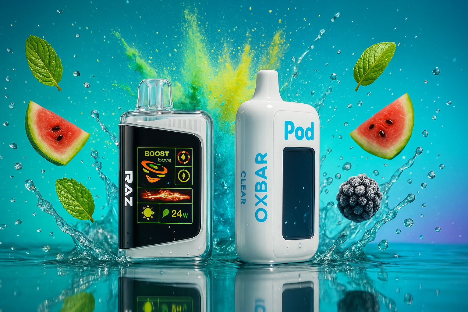 Two sleek vape devices stand upright on a glossy, water-splashed surface, surrounded by vibrant fruit and mint elements that evoke a refreshing burst of flavor. The left device, branded