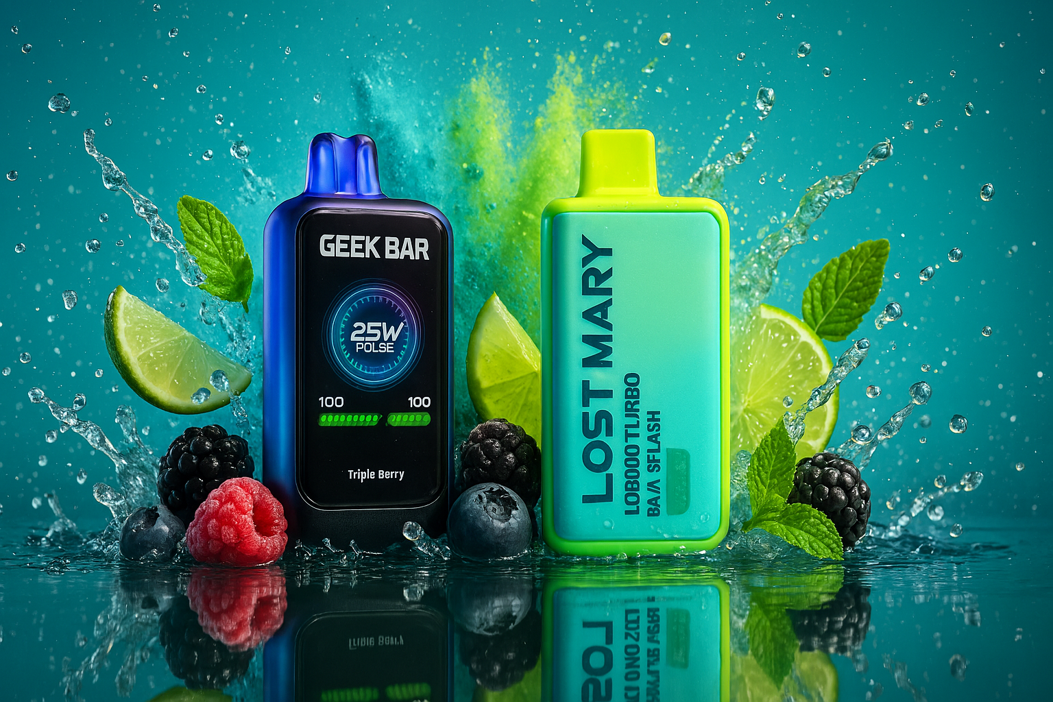 The image showcases two sleek vape devices—GEEK BAR and LOST MARY—set against a vibrant teal-blue gradient background with shimmering water reflections. Surrounded by an explosion of fresh fruits like raspberries, blueberries, blackberries, lime slices, and mint leaves, the scene evokes a sense of icy energy and fruity indulgence. The GEEK BAR device displays “25W PULSE” and “Triple Berry” with a glowing power level of 100, while LOST MARY features “LO5000 TURBO” and the flavor “MARYTUSH,” both emphasizing bold design and refreshing appeal. The composition radiates ultrafreshness, luxury, and dynamic movement.