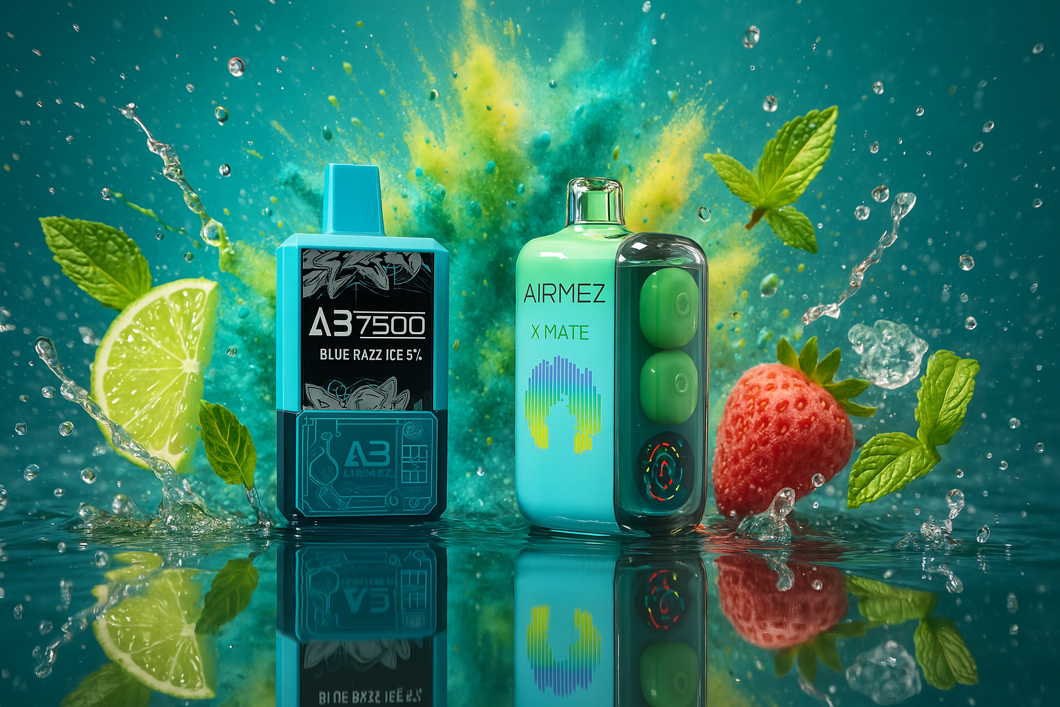 The image presents a vibrant and refreshing scene featuring two sleek vape devices as the focal point. One, labeled “A3 7500 BLUE RAZ ICE 5%,” and the other, “AIRMEZ X MATE,” are surrounded by energetic splashes of water, a juicy lime slice, cool mint leaves, and a ripe strawberry. The background bursts with dynamic color and droplets, evoking a sense of coolness and flavor intensity—like a visual embodiment of a crisp, fruity sensation mid-summer.