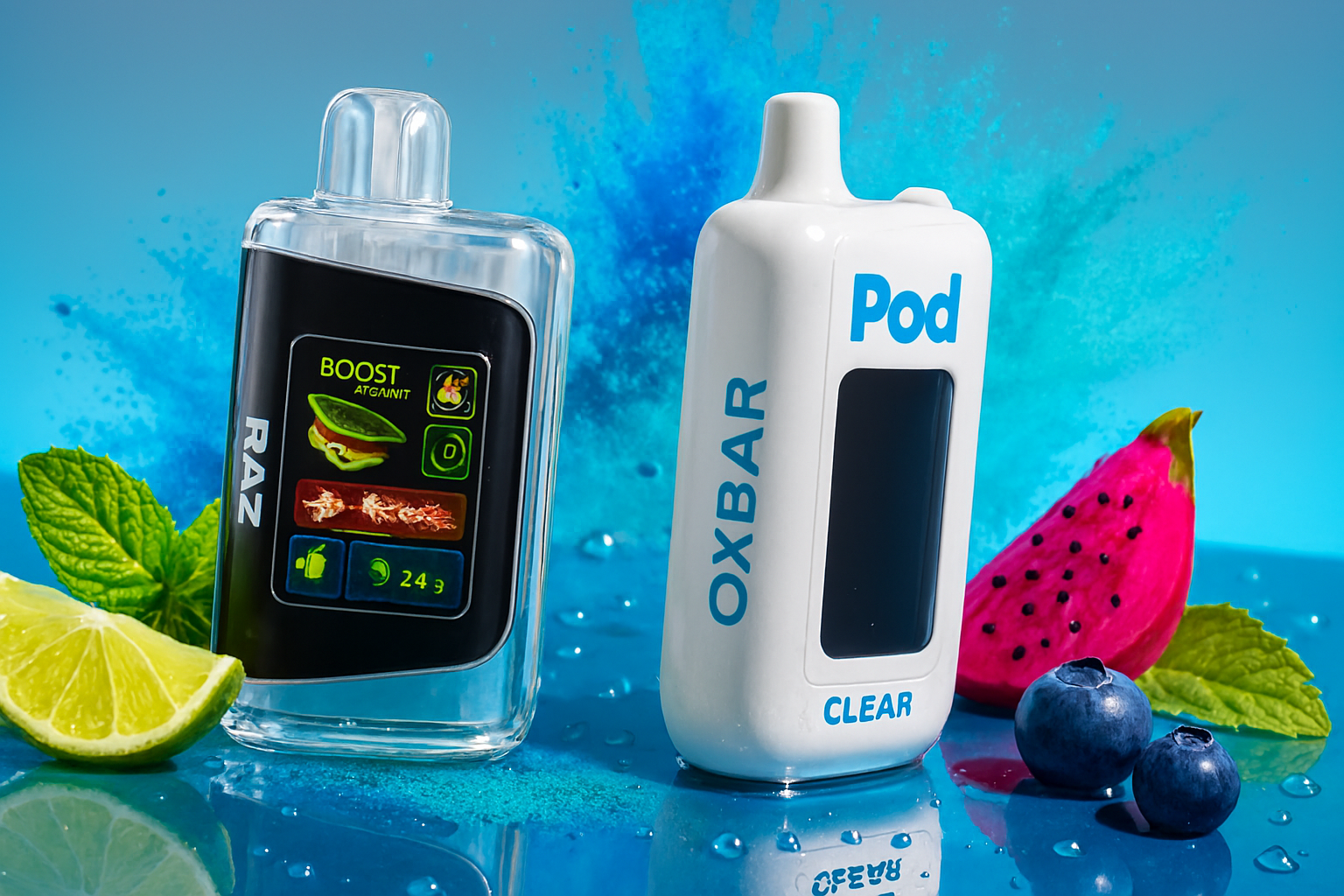 The image showcases two sleek vape devices—RAZ and OXBAR Pod CLEAR—arranged on a glossy blue surface surrounded by fresh fruits and mint leaves. The RAZ device features a digital display with fruit icons, a “BOOST POINT” indicator, and a weight reading of “243 g,” emphasizing its tech-forward design. The OXBAR device contrasts with a minimalist white body and black screen. Around them, vibrant elements like lime, blueberries, dragon fruit, and mint evoke a refreshing, flavor-rich atmosphere, while a burst of blue powder in the background adds dynamic energy and visual impact.