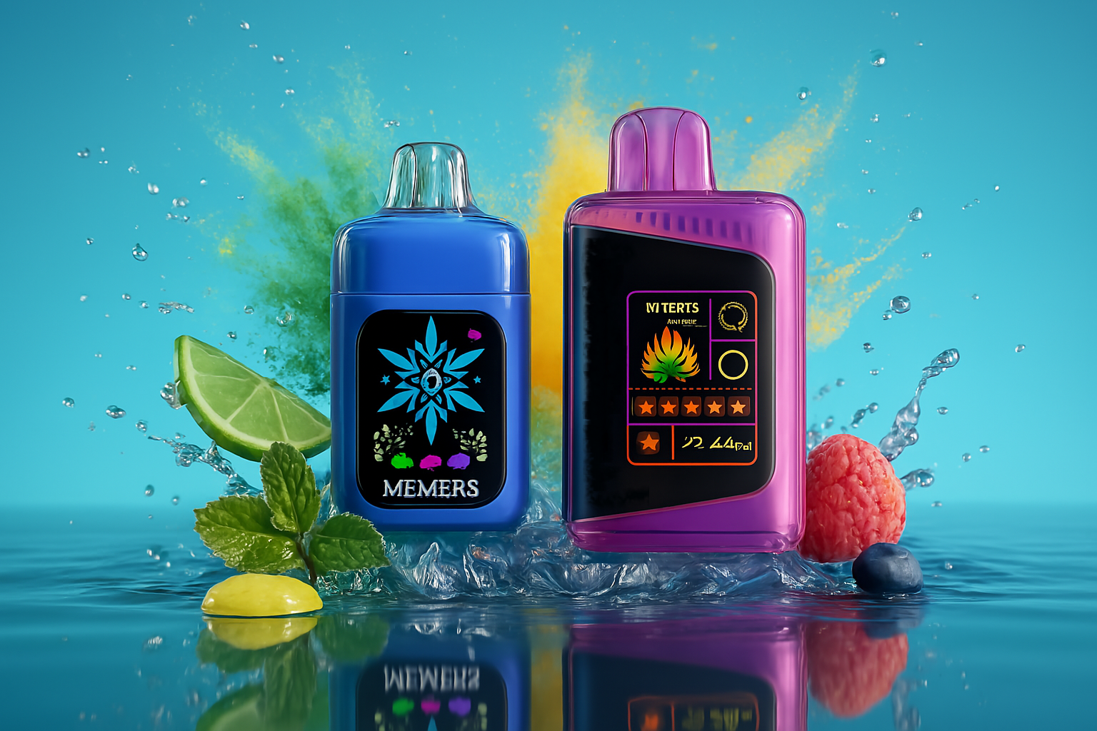 The image captures a striking and high-energy composition featuring two vibrant vape devices placed on a reflective surface, surrounded by a burst of dynamic elements. The blue device showcases a stylized flower motif with the name “MEMERS,” while the purple counterpart presents a sleek digital display filled with icons, including star ratings, flame designs, and futuristic text. Splashes of water energize the scene, while fresh ingredients—lime, mint leaves, raspberry, and blueberry—enhance the sensory richness. Colored powder in the background adds a final flourish of motion and vibrancy, creating an atmosphere that feels both bold and refreshing.