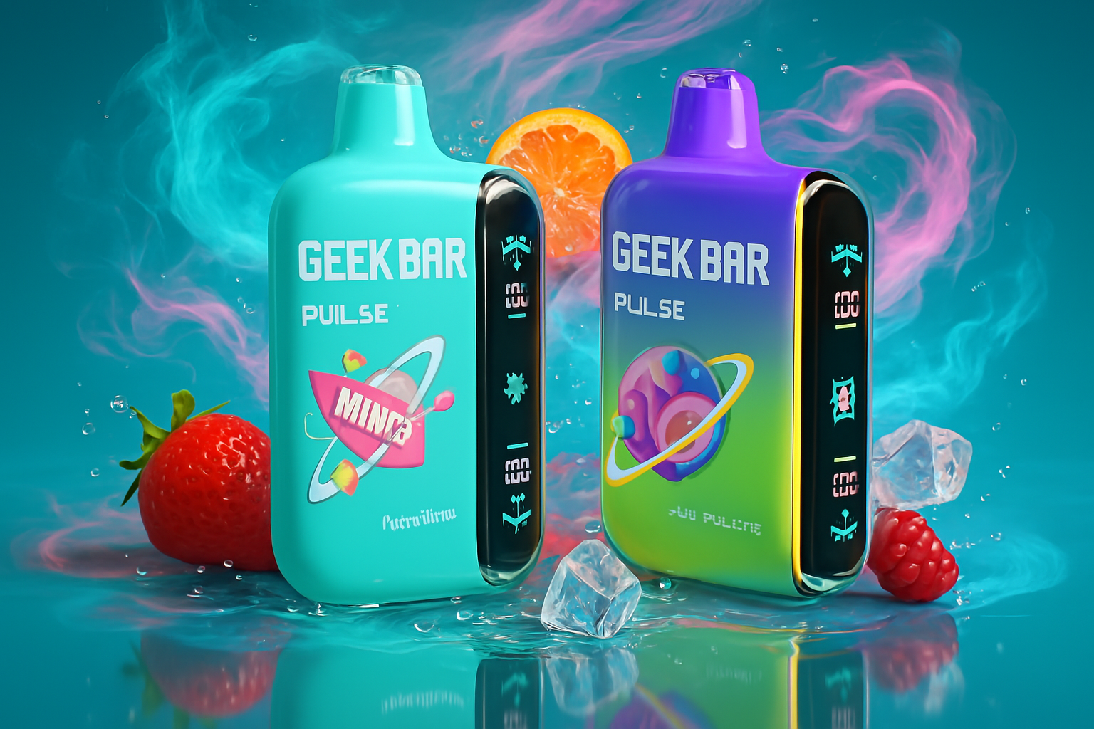 The image showcases two sleek and futuristic GEEK BAR PULSE vape devices set against a vibrant, swirling background. On the left, the turquoise device is paired with a strawberry and fresh mint leaf, hinting at a refreshing minty strawberry flavor. On the right, a gradient of purple and green complements a raspberry and ice cube, evoking a cool, fruity sensation. An orange slice adds a zesty pop of color, while the digital displays on the devices reinforce their high-tech allure. The composition bursts with energy and sensory appeal.