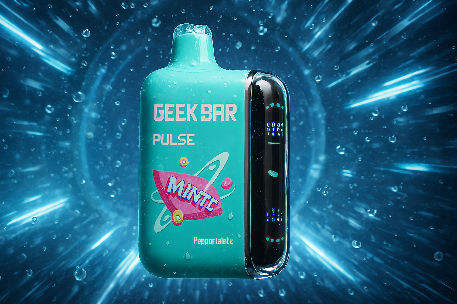A dynamic, close-up shot of a single, mint-green disposable vape. The vape is surrounded by streaks of blue light and water droplets, creating a sense of motion and refreshment. The background is a blurred vortex of blue and white, focusing attention on the sleek design of the device.