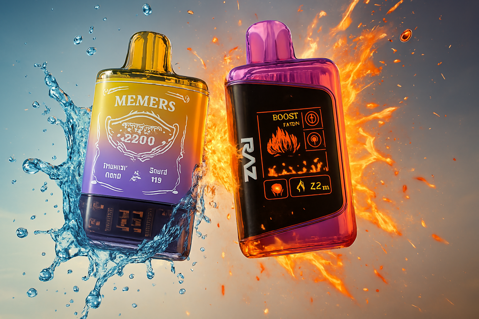 A vibrant product photograph features two vape devices, each represented with contrasting elemental themes. The left device has a yellow-to-purple gradient and is surrounded by a dynamic splash of water. The right device has a purple-to-black gradient and is engulfed in a fiery orange and red background.