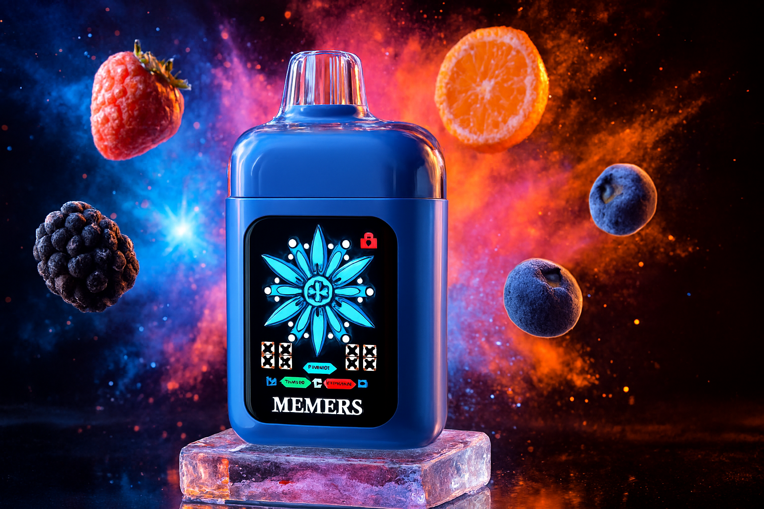 A blue vape device with a black side panel is featured in a high-quality product photo. The device is placed on a small, clear block of ice. Floating around it are a strawberry, a blackberry, two blueberries, and a slice of orange. The background is dark, with vibrant, glowing bursts of blue, orange, and red smoke or light.