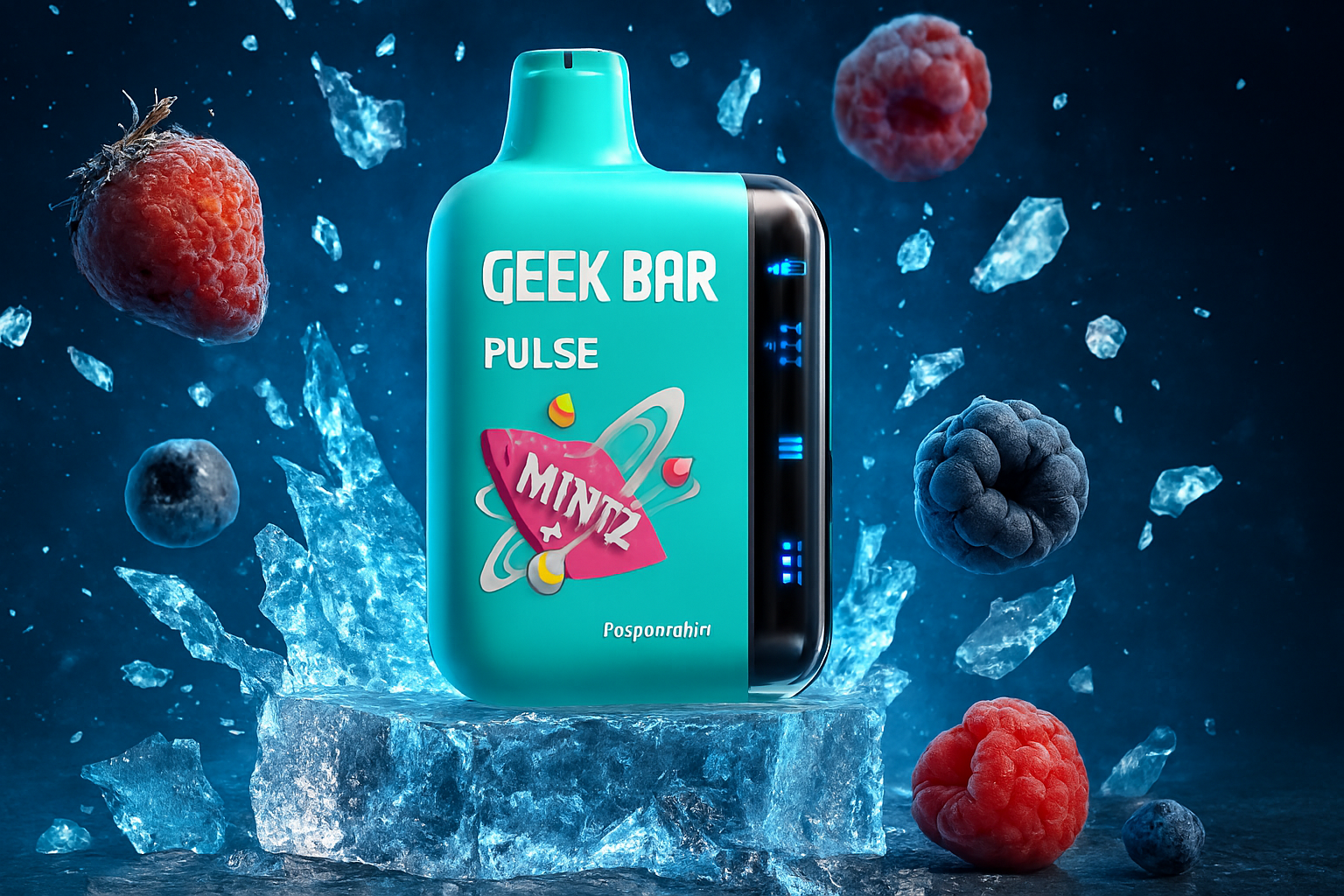 A cool-toned promotional image showcases a single turquoise and black