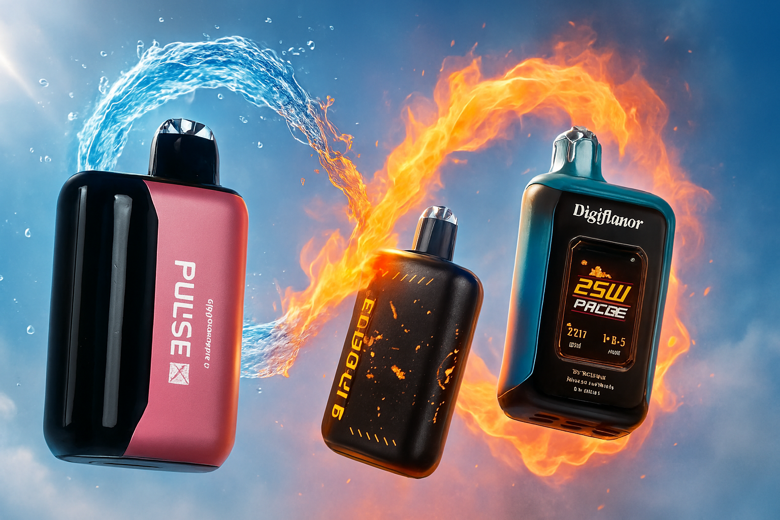 A creative product photograph presents three vape devices with a dynamic elemental theme. The left device, with a pink-to-black gradient, is shown with a splash of water, while the center and right devices are surrounded by a ring of swirling fire. The arrangement suggests a comparison of flavors or product lines, highlighting them with contrasting visual effects.