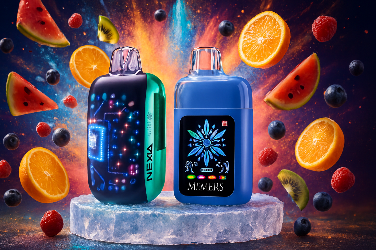 A product photo featuring two modern vape devices, one with a gradient from blue to green and the other a solid blue. They are placed on a block of ice and surrounded by floating fruits, including slices of watermelon and orange, whole blueberries, raspberries, and kiwi slices. The background is a dark, abstract scene with a vibrant, glowing light burst in the center.