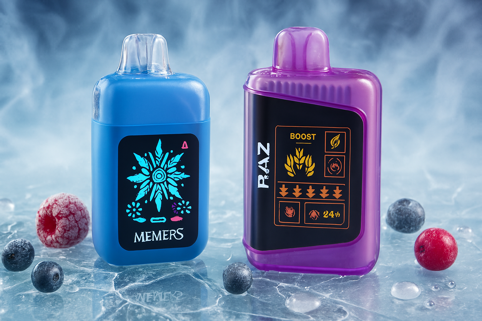 A promotional photo featuring two disposable vapes on a frosty, icy surface. The one on the left is a solid blue, while the one on the right is a translucent purple. They are surrounded by fresh berries and water droplets, suggesting a cool, fruity flavor.
