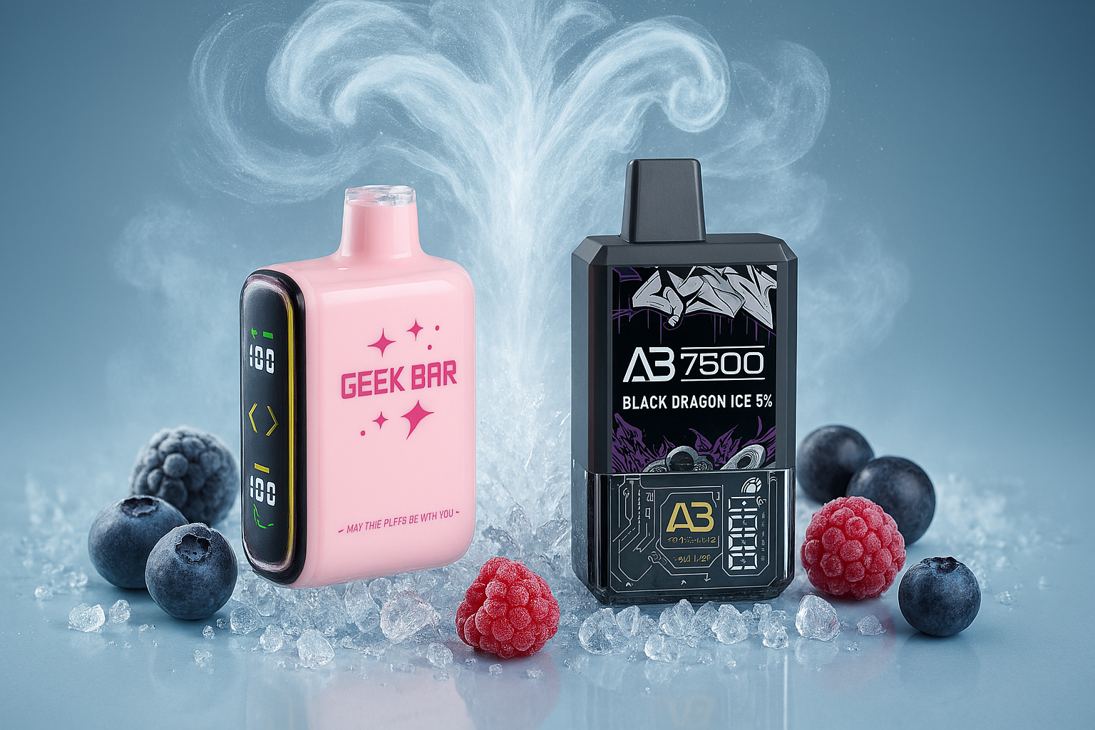 This is a product shot of two disposable vape devices on a bed of ice. One device is light pink with a black side panel, and the other is a black device with silver graphic accents. Both are surrounded by frozen blueberries and fresh raspberries, with a plume of white smoke rising in the background.