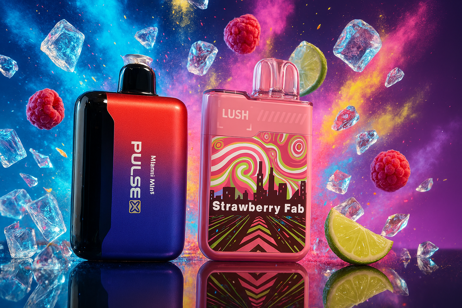 A striking product image featuring two vapes, one a gradient of red and blue and the other a vibrant pink with a city skyline design. The vapes are surrounded by floating raspberries, lime slices, and ice cubes, creating a cool and refreshing atmosphere. The background is a mix of swirling blue, pink, and yellow powder, giving the scene a lively and energetic feel.