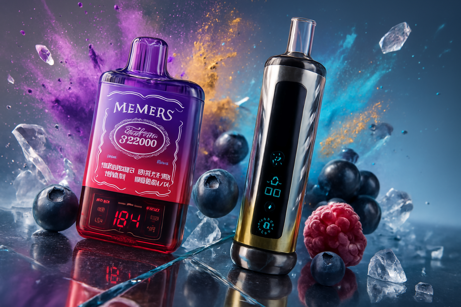 The image presents a vibrant, high-energy composition featuring two sleek vaping devices surrounded by a lush arrangement of blueberries, raspberries, and scattered ice cubes. Explosions of colorful powder erupt in the background, adding dynamic motion and drama to the scene. The device on the left is marked “MEMERS” and carries technical-looking text, while the one on the right displays a digital interface with icons and readouts. The glossy surfaces and bright, contrasting elements evoke a sense of luxury and sensory intensity.