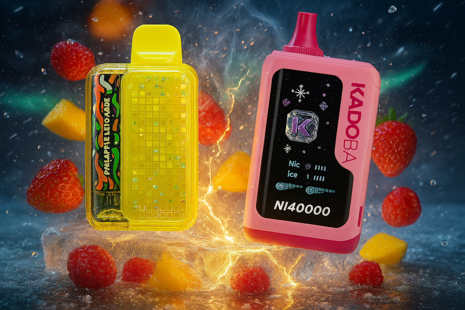 A dramatic product shot featuring two disposable vapes floating in a dynamic, smoky environment. The vapes are surrounded by fresh strawberries, raspberries, and chunks of pineapple, with a misty, water-like spray in the background. The vape on the left is a vibrant yellow, while the one on the right is a distinct pink with a dark, textured center.