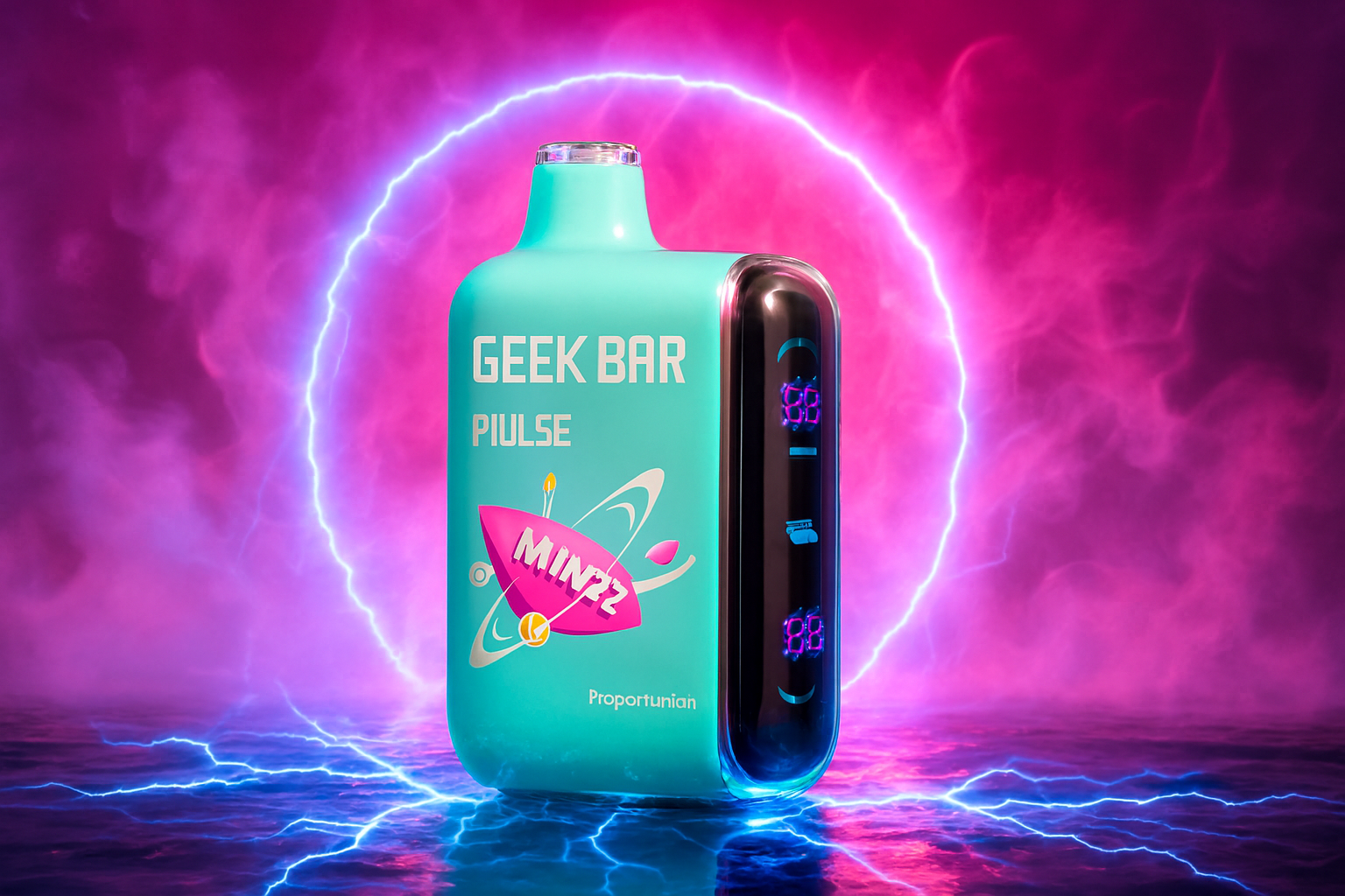 A vibrant and dynamic product photo of a single turquoise disposable vape. The vape is centered in the frame, with a large, glowing white ring behind it. The background is a mix of swirling pink and purple smoke, with bright blue lightning bolts striking the ground below, creating a powerful, electric, and futuristic atmosphere.
