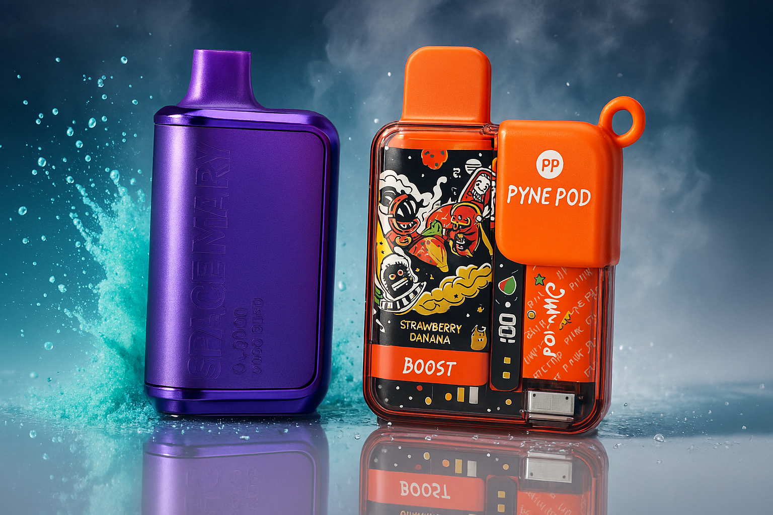 A studio product photo featuring two disposable vape devices. The vape on the left is a solid metallic purple