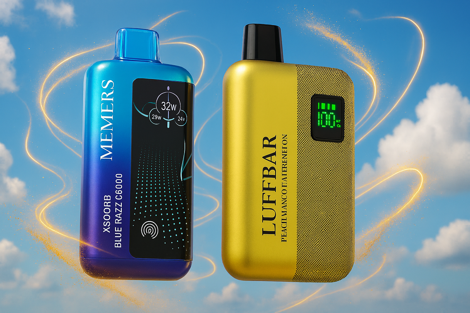 A vibrant product shot of two disposable vapes floating against a bright, cloudy sky. The vape on the left has a blue-to-purple gradient, while the one on the right has a textured yellow and black body with a digital display. Both devices are surrounded by a faint, golden-glowing wispy effect, creating a feeling of lightness and motion.