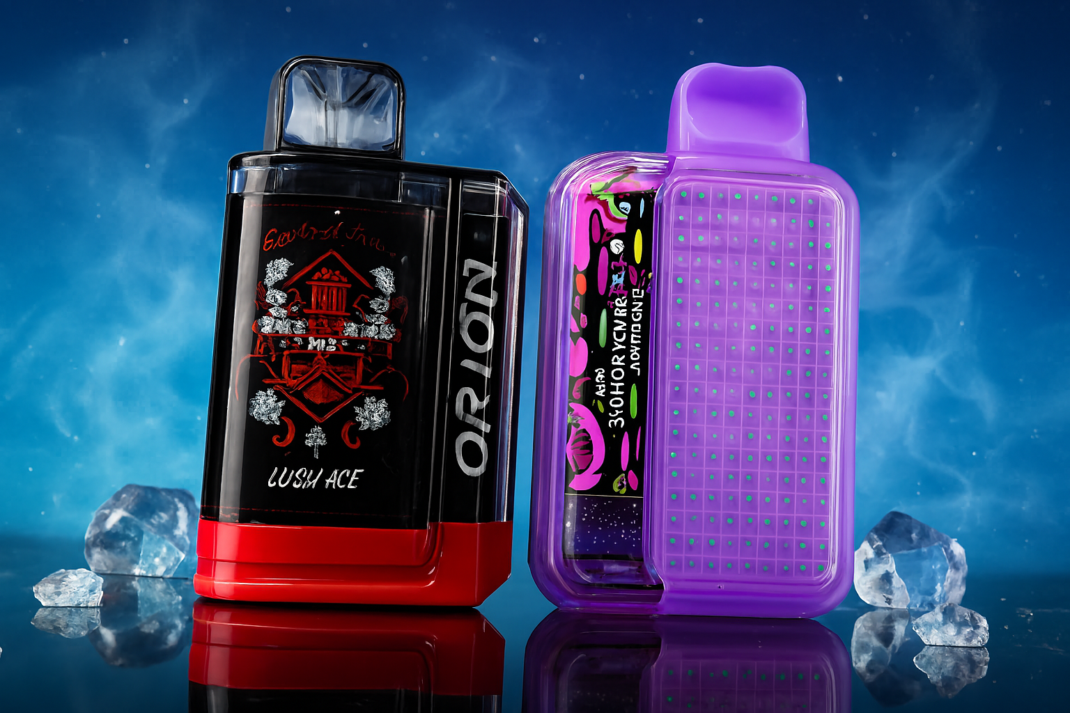 A professional product photograph showcasing two disposable vapes. The vape on the left is a black and red Orion brand device with an ornate, illuminated graphic. The vape on the right is a translucent purple device with a raised grid pattern and a colorful interior panel. Both vapes are positioned on a reflective surface surrounded by ice cubes, with a starry, cool-toned blue background.
