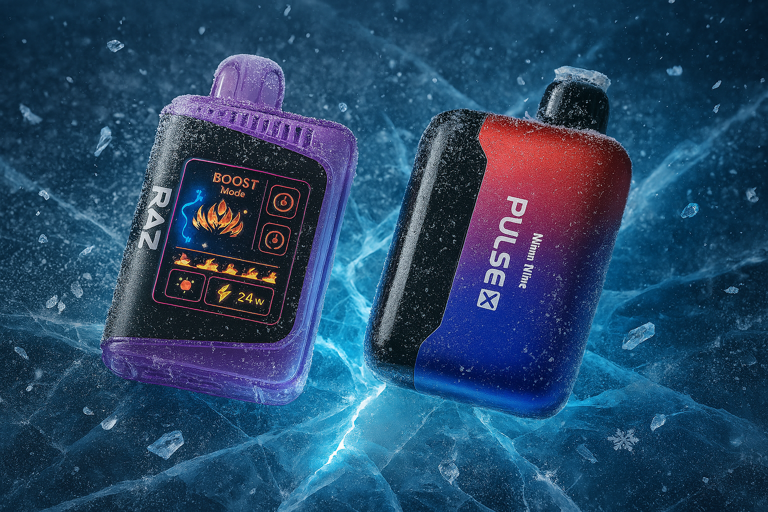 A stylized product image featuring two disposable vapes on a cold, frozen surface. Both devices are covered in a fine layer of frost, with ice shards scattered around them. The one on the left is a translucent purple, while the one on the right has a dark blue and red color gradient.