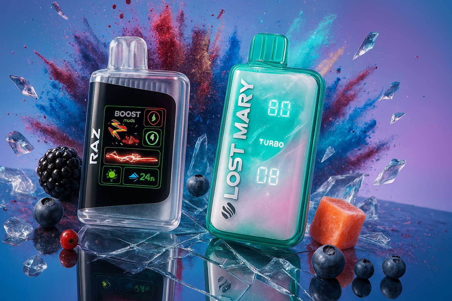 Two futuristic vaping devices—RAZ and LOST MARY—stand boldly against a backdrop of shattered glass and vibrant splashes of red, blue, and purple. Scattered around them are juicy berries: blackberry, blueberry, and a vivid red berry, enhancing the composition’s sensory appeal. The RAZ device displays “BOOST,” “muds,” and “24h,” suggesting endurance and intensity, while LOST MARY’s digital screen reads “80,” “08,” and “TURBO,” evoking speed and power. The explosive color palette and fragmented textures create a high-energy, rebellious atmosphere that feels both edgy and electrifying.