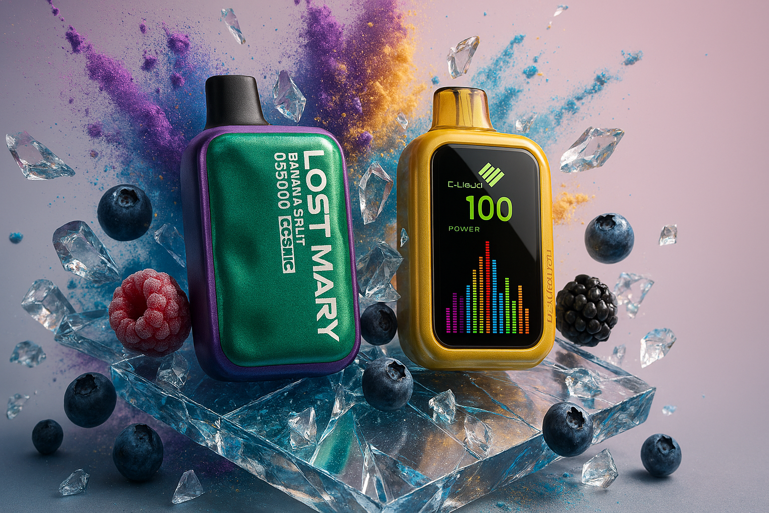 The image features two eye-catching vaping devices set on a surface scattered with ice crystals and fresh berries, including blueberries, raspberries, and blackberries. The left device is green and labeled “LOST MARY BANANA SPLIT 055000 GCSNIC,” while the right one is bright yellow with a digital screen displaying “C-Liquid 100 POWER” and a vivid equalizer graphic. Explosions of colorful powder in the background add dynamic energy, creating a bold, flavorful atmosphere that emphasizes freshness and visual impact.