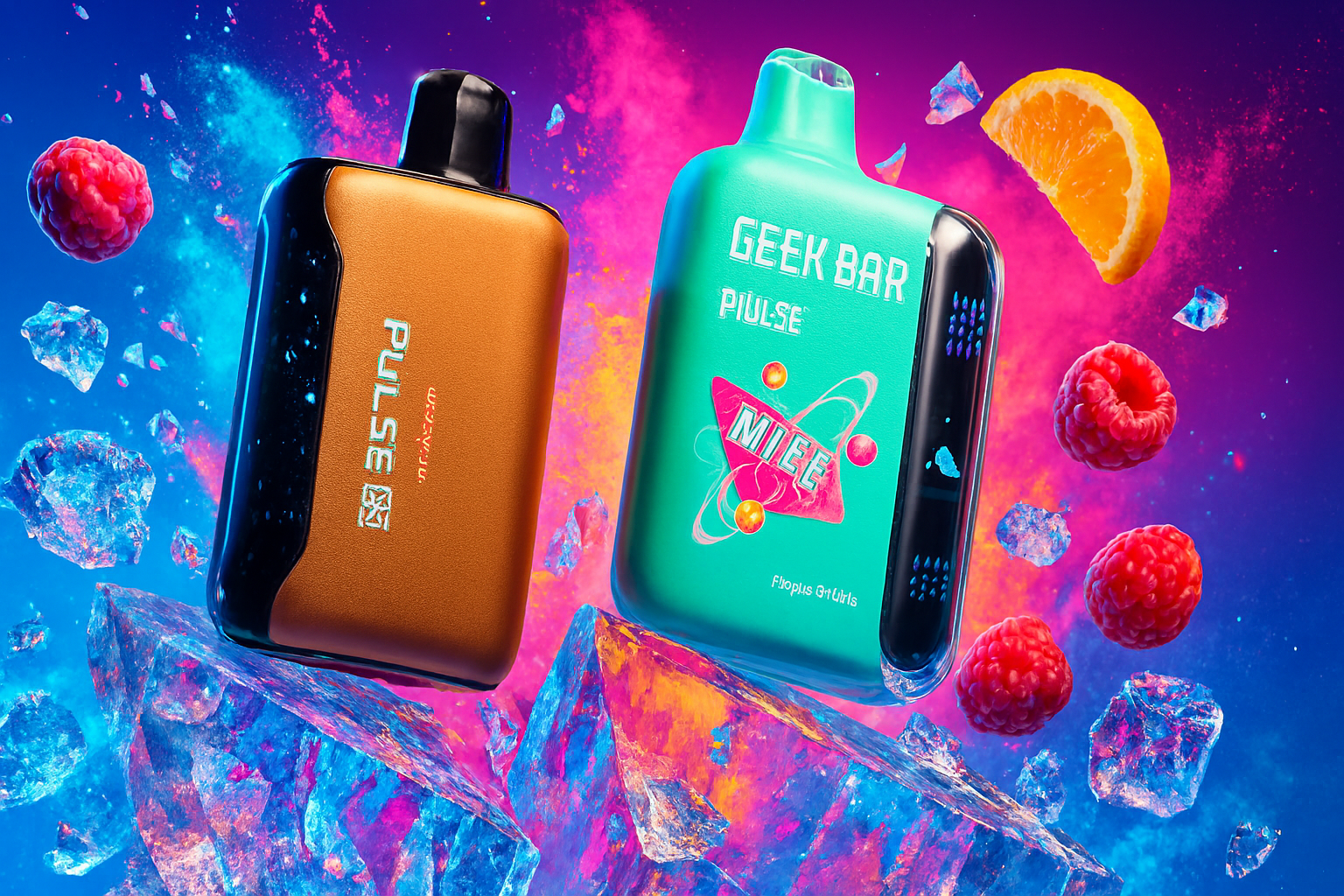 A dynamic product photo showcases two Geek Bar Pulse vapes with a cosmic-themed background. The vapes, one a metallic bronze and the other a light teal, are surrounded by floating raspberries, an orange slice, and ice shards, creating a sense of motion. The vibrant colors and floating elements highlight the vapes' flavorful and cool experience.